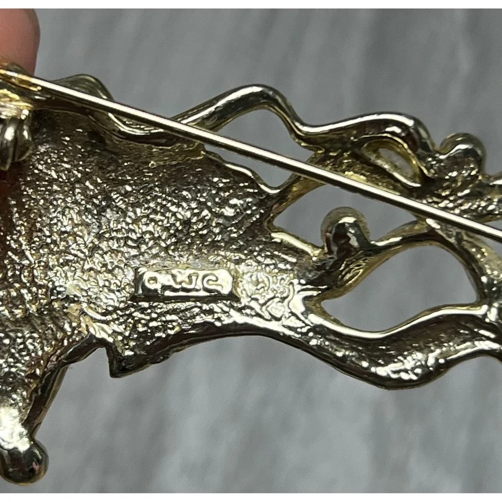 AJC Vintage Gold Tone Wavy Hair Woman Face Brooch Pin Clear‎ Rhinestones